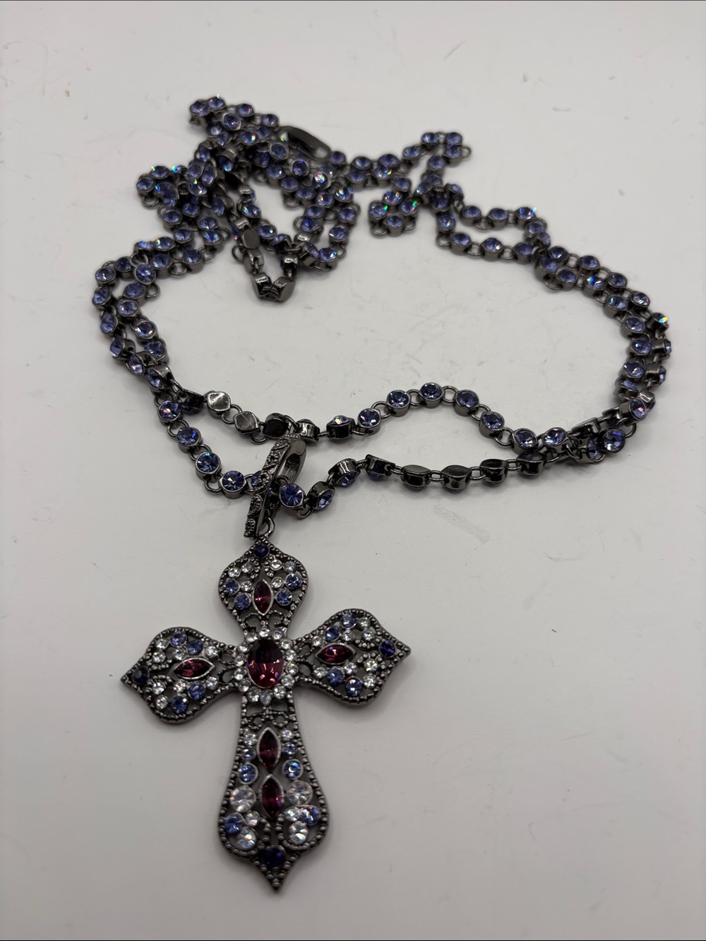 Vintage cross pendant silver purple pink rhinestone long designer necklace
50in